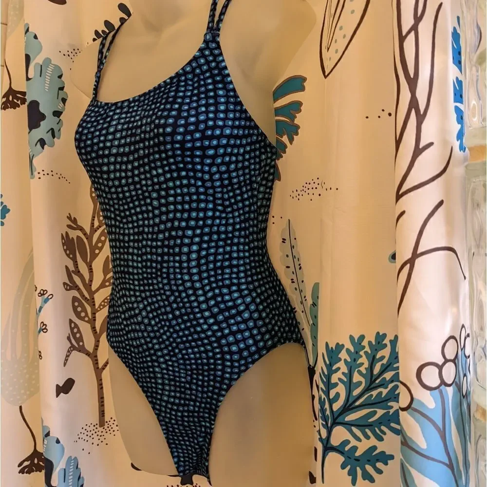 Jantzen Strappy Navy Blue One Piece Swimsuit with Teal Dots Size 10